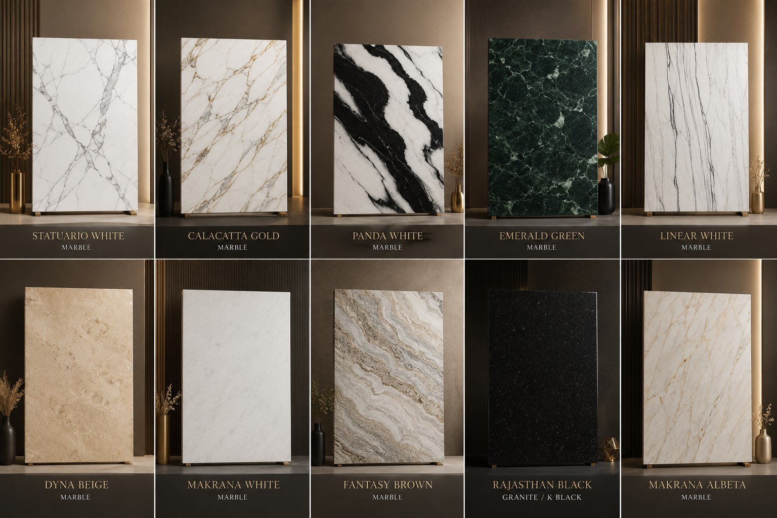 Curated ARVION stone presentation wall with ten material directions