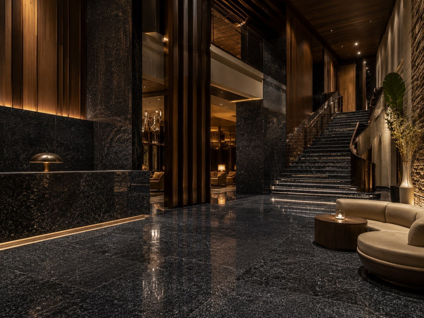 Dark stone interior application reference with polished black surfaces