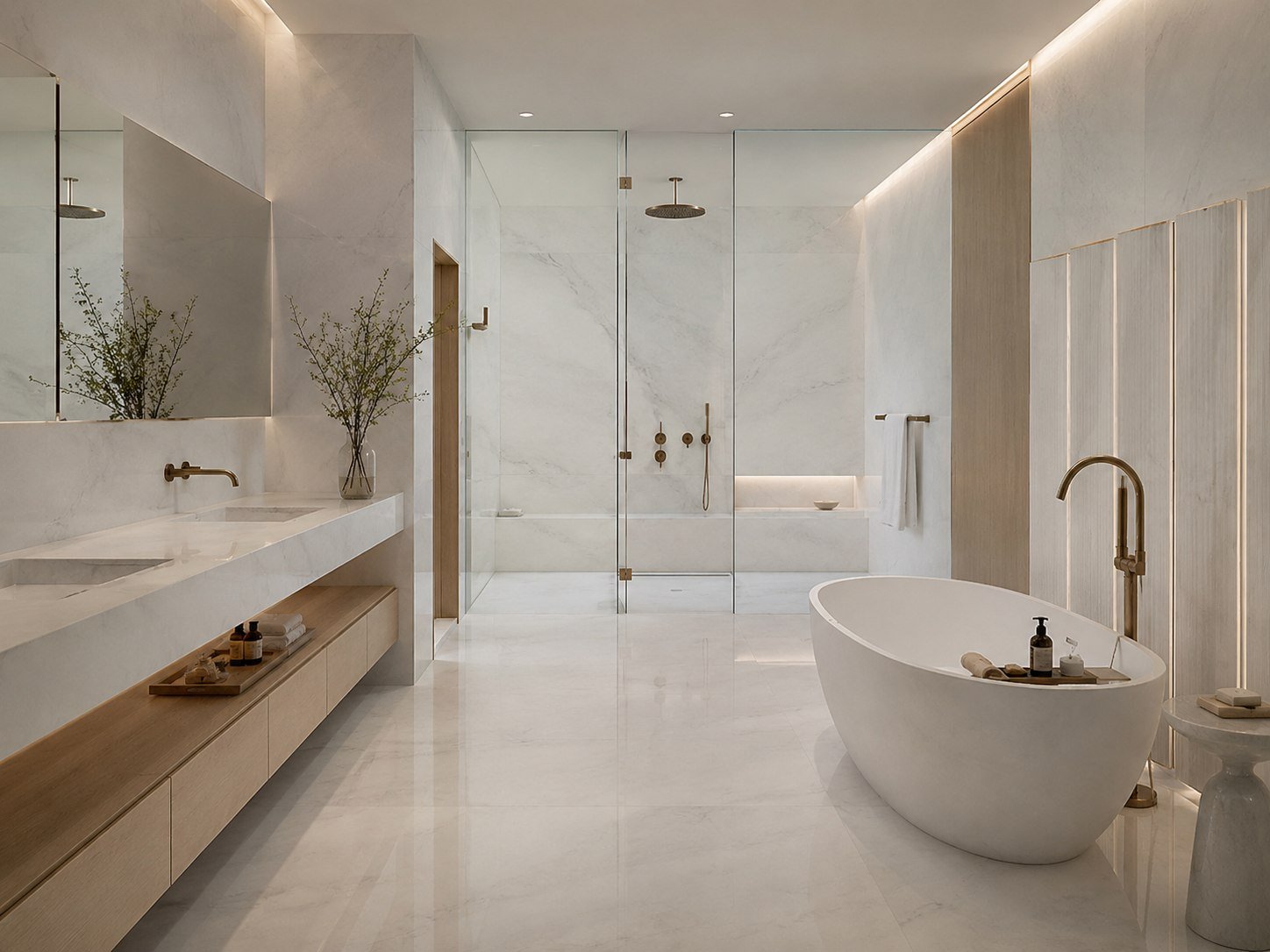 White marble bathroom application reference with warm timber details